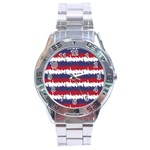 244776512NY USA Skyline in Red White & Blue Stripes NYC New York Manhattan Skyline Silhouette Stainless Steel Analogue Watch Front