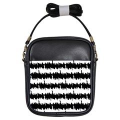 Black & White Stripes Nyc New York Manhattan Skyline Silhouette Girls Sling Bags by PodArtist