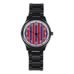 Large Red White And Blue Usa Memorial Day Holiday Vertical Cabana Stripes Stainless Steel Round Watch by PodArtist