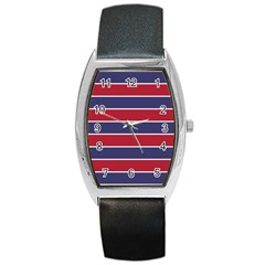 Large Red White And Blue Usa Memorial Day Holiday Horizontal Cabana Stripes Barrel Style Metal Watch by PodArtist