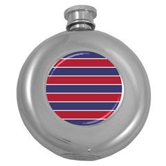 Large Red White And Blue Usa Memorial Day Holiday Horizontal Cabana Stripes Round Hip Flask (5 Oz) by PodArtist