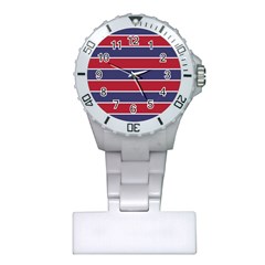 Large Red White And Blue Usa Memorial Day Holiday Horizontal Cabana Stripes Plastic Nurses Watch by PodArtist