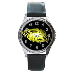 Fractal Swirl Yellow Black Whirl Round Metal Watch by Sapixe