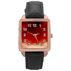 Flaming Skies Ominous Fire Clouds Rose Gold Leather Watch 