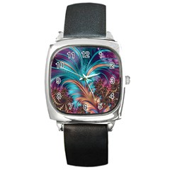 Feather Fractal Artistic Design Square Metal Watch by Sapixe