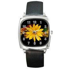 Sun Flower Blossom Bloom Particles Square Metal Watch by Nexatart
