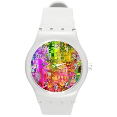 Color Abstract Artifact Pixel Round Plastic Sport Watch (m) by Nexatart