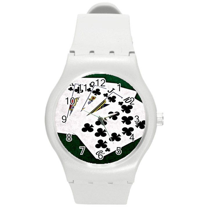 Poker Hands   Royal Flush Clubs Round Plastic Sport Watch (M)