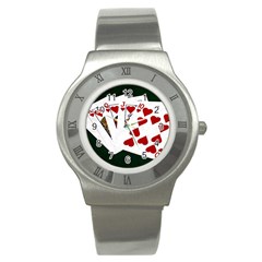 Poker Hands   Royal Flush Hearts Stainless Steel Watch by FunnyCow