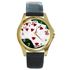 Poker Hands Straight Flush Hearts Round Gold Metal Watch by FunnyCow