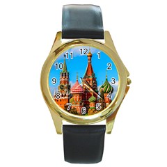 Moscow Kremlin And St  Basil Cathedral Round Gold Metal Watch by FunnyCow