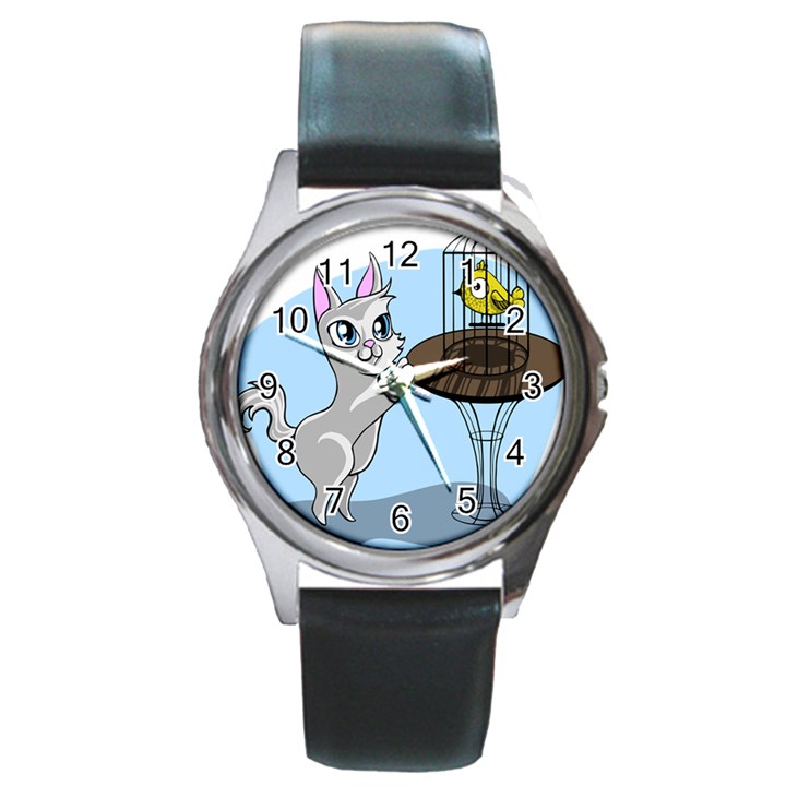 Cat Bird Cage Hunt Hunting Pet Round Metal Watch