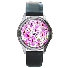 Pink Purple Daisies Design Flowers Round Metal Watch by Nexatart