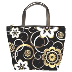 Beautiful Gold And White Flowers On Black Bucket Bags by flipstylezfashionsLLC