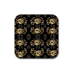 Golden Flowers On Black With Tiny Gold Dragons Created By Kiekie Strickland Rubber Square Coaster (4 Pack) 