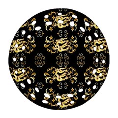 Golden Flowers On Black With Tiny Gold Dragons Created By Kiekie Strickland Ornament (round Filigree) by flipstylezfashionsLLC