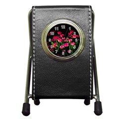 Pink Tulips Dark Background Pen Holder Desk Clocks by FunnyCow