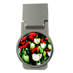 White And Red Sunlit Tulips Money Clips (round)  by FunnyCow