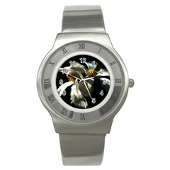 Two White Magnolia Flowers Stainless Steel Watch by FunnyCow