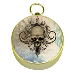 Awesome Creepy Skull With  Wings Gold Compasses