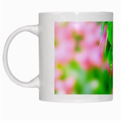 Green Birch Leaves, Pink Flowers White Mugs by FunnyCow
