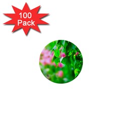 Green Birch Leaves, Pink Flowers 1  Mini Buttons (100 Pack)  by FunnyCow