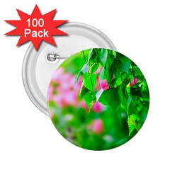 Green Birch Leaves, Pink Flowers 2 25  Buttons (100 Pack)  by FunnyCow