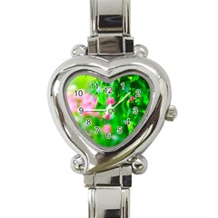 Green Birch Leaves, Pink Flowers Heart Italian Charm Watch