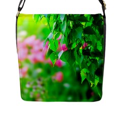 Green Birch Leaves, Pink Flowers Flap Messenger Bag (l)  by FunnyCow