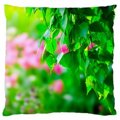 Green Birch Leaves, Pink Flowers Large Flano Cushion Case (one Side) by FunnyCow