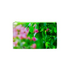 Green Birch Leaves, Pink Flowers Cosmetic Bag (xs)