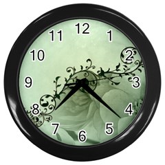 Elegant, Decorative Floral Design In Soft Green Colors Wall Clock (black) by FantasyWorld7