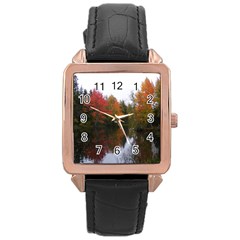 Autumn Pond Rose Gold Leather Watch  by IIPhotographyAndDesigns