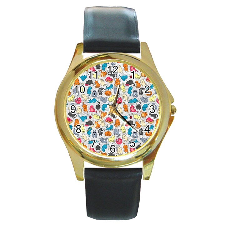 Funny Cute Colorful Cats Pattern Round Gold Metal Watch