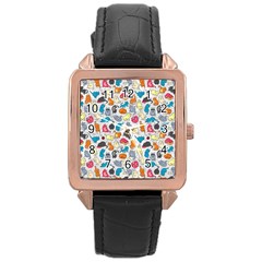 Funny Cute Colorful Cats Pattern Rose Gold Leather Watch 