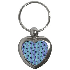 Footprints Cat Black On Batik Pattern Teal Violet Key Chains (Heart) 