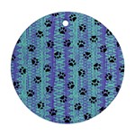 Footprints Cat Black On Batik Pattern Teal Violet Round Ornament (Two Sides) Front