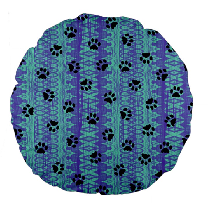 Footprints Cat Black On Batik Pattern Teal Violet Large 18  Premium Round Cushions