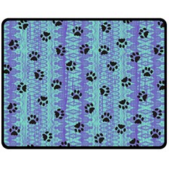 Footprints Cat Black On Batik Pattern Teal Violet Double Sided Fleece Blanket (medium)  by EDDArt