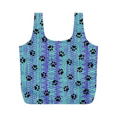 Footprints Cat Black On Batik Pattern Teal Violet Full Print Recycle Bags (M) 