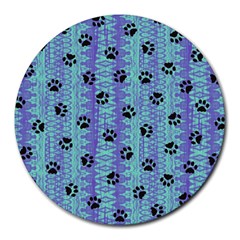 Footprints Cat Black On Batik Pattern Teal Violet Round Mousepads