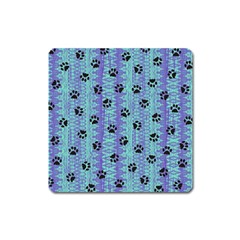 Footprints Cat Black On Batik Pattern Teal Violet Square Magnet by EDDArt