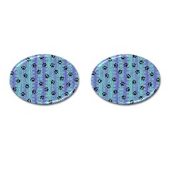 Footprints Cat Black On Batik Pattern Teal Violet Cufflinks (oval) by EDDArt