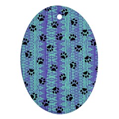 Footprints Cat Black On Batik Pattern Teal Violet Oval Ornament (two Sides) by EDDArt