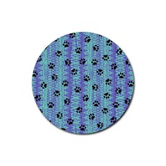 Footprints Cat Black On Batik Pattern Teal Violet Rubber Coaster (round)  by EDDArt