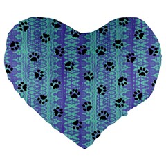 Footprints Cat Black On Batik Pattern Teal Violet Large 19  Premium Flano Heart Shape Cushions by EDDArt