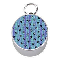 Footprints Cat Black On Batik Pattern Teal Violet Mini Silver Compasses by EDDArt