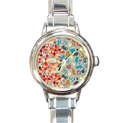 Hipster Triangles And Funny Cats Cut Pattern Round Italian Charm Watch by EDDArt