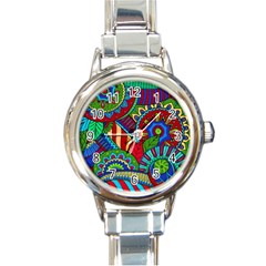 Pop Art Paisley Flowers Ornaments Multicolored 2 Round Italian Charm Watch by EDDArt