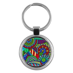 Pop Art Paisley Flowers Ornaments Multicolored 2 Key Chains (round)  by EDDArt